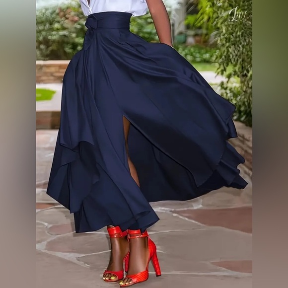 Yitemei Women’s High Waist Solid Swing Maxi Skirt w/Asymmetrical Hem & Pockets - Picture 2 of 16